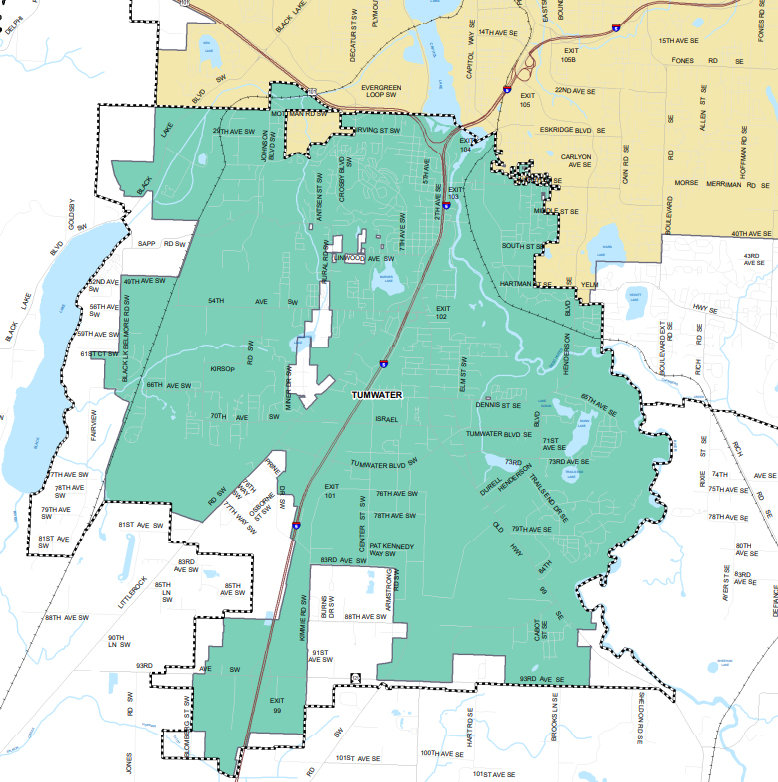 The dashed line shows the Urban Growth Boundary surrounding the city of Tumwater. The city is proposing to annex all 12 parcels into the city.